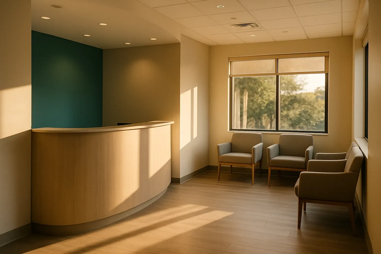 Warm modern dental reception area with comfortable seating, large window with natural light, and a teal accent wall