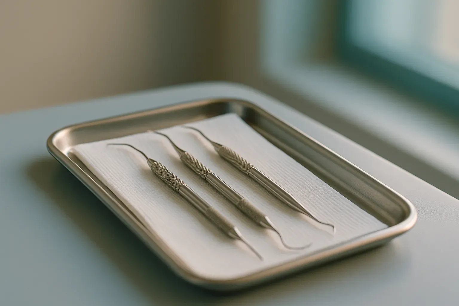 A sterile dental tray with precision periodontal instruments — probe, scaler, and curette — on white surgical cloth